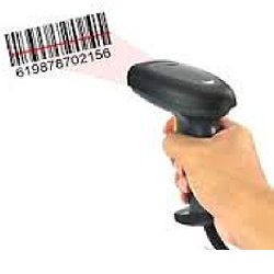 Hand holding a scanner, scanning a bar code